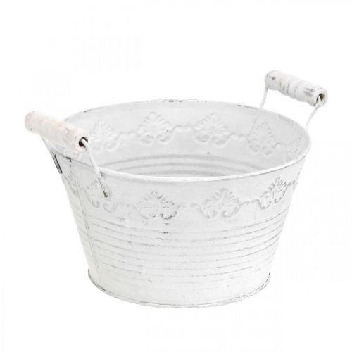 Floristik24 Donica tłoczona, miska ozdobna z drewnianymi uchwytami, doniczka metalowa biała, srebrna Ø18,5cm W12cm S22cm