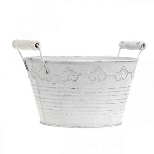 Floristik24 Donica tłoczona, miska ozdobna z drewnianymi uchwytami, doniczka metalowa biała, srebrna Ø18,5cm W12cm S22cm