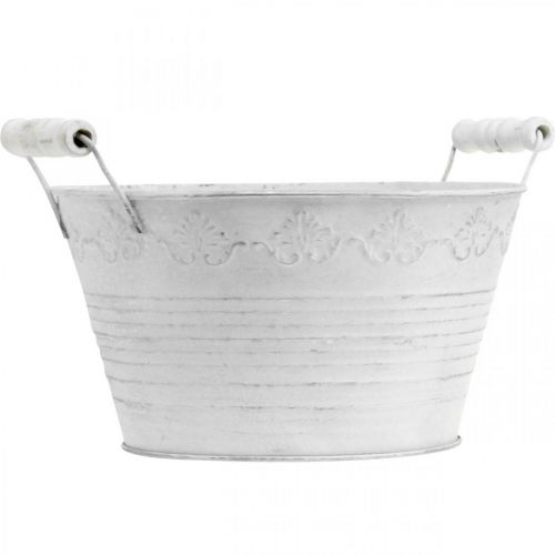 Floristik24 Naczynie metalowe, miska ozdobna z wzorem, doniczka z drewnianymi uchwytami biała, srebrna Ø21,5cm W14,5cm S24,5cm