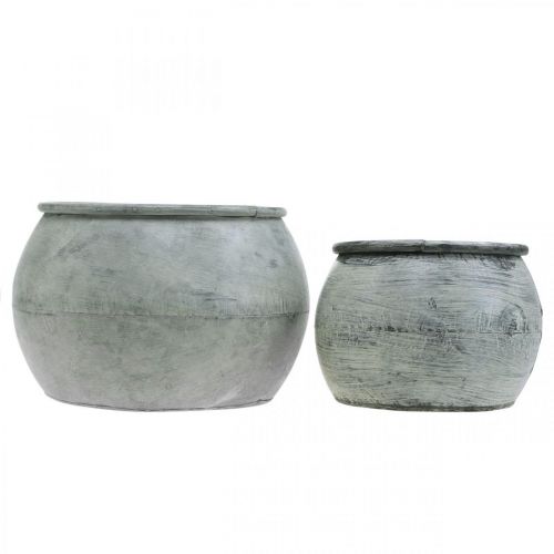 Produkt Okrągła metalowa doniczka, ozdobne naczynie, miska na rośliny srebrna, myta biel, antyczny wygląd Ø25,5/18cm W17/13cm, zestaw 2 szt.