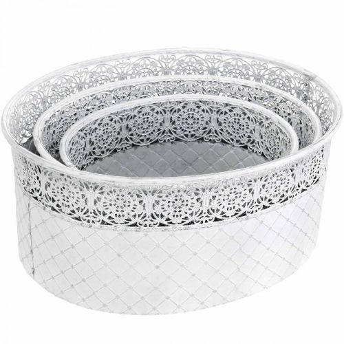 Produkt Misa do sadzenia, metalowe naczynie z koronkowym wzorem, dekoracyjna doniczka owalna biała, srebrna shabby chic D41.5/35/29.5 cm W19/16/14.5 cm zestaw 3 szt.