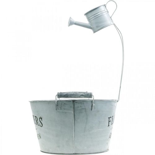 Produkt Miska do sadzenia z konewką, dekoracja ogrodowa, donica metalowa do sadzenia srebrno-biała myta W41cm Ø28cm/Ø7cm
