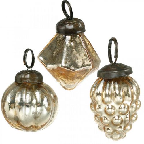Floristik24 Mini Tree Balls, Diamond/Ball/Cone, Tree Hanging Mix Antique Look Ø3-3,5cm H4,5-5,5cm 9szt.