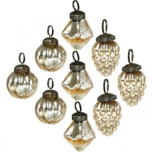 Mini Tree Balls, Diamond/Ball/Cone, Tree Hanging Mix Antique Look Ø3-3,5cm H4,5-5,5cm 9szt.