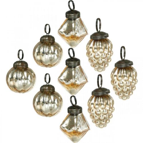 Floristik24 Mini Tree Balls, Diamond/Ball/Cone, Tree Hanging Mix Antique Look Ø3-3,5cm H4,5-5,5cm 9szt.