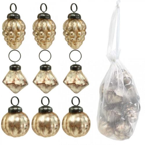 Floristik24 Mini bombki mix, diament / kula / stożek, ozdoby choinkowe, wygląd antyczny Ø3-3,5cm W4,5-5,5cm 9szt