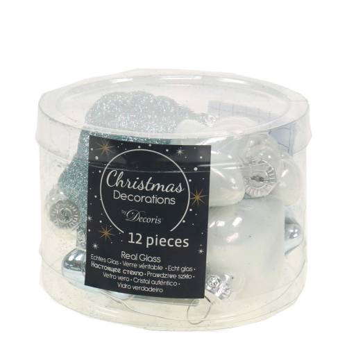Floristik24 Ozdoby choinkowe mini mix asortyment szkło białe, niebieskie 12szt.