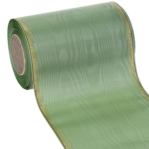 Floristik24 Wstążka do wieńców Moiré w kolorze szałwiowo-zielonym ze złotym brzegiem, 150 mm x 25 m, dekoracyjna wstążka do florystyki i wieńców