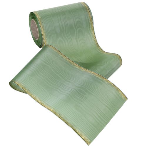 Produkt Wstążka do wieńców Moiré w kolorze szałwiowo-zielonym ze złotym brzegiem, 150 mm x 25 m, dekoracyjna wstążka do florystyki i wieńców
