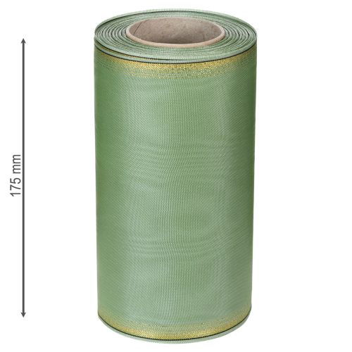 Produkt Wstążka do wieńca Moiré w kolorze szałwiowo-zielonym ze złotym brzegiem - 175 mm x 25 m - dekoracyjna wstążka do florystyki i na uroczystości