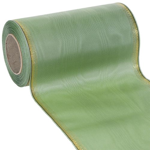 Floristik24 Wstążka do wieńca Moiré w kolorze szałwiowo-zielonym ze złotym brzegiem - 175 mm x 25 m - dekoracyjna wstążka do florystyki i na uroczystości