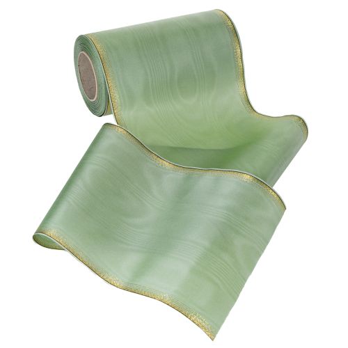 Produkt Wstążka do wieńca Moiré w kolorze szałwiowo-zielonym ze złotym brzegiem - 175 mm x 25 m - dekoracyjna wstążka do florystyki i na uroczystości