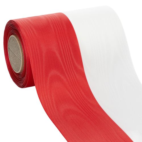 Produkt Wstążka do wieńca Moiré, wstążka żałobna biało-czerwona, wstążka dekoracyjna 150 mm, wstążka pamiątkowa żałobna kwiat, tafta octanowa 25 m