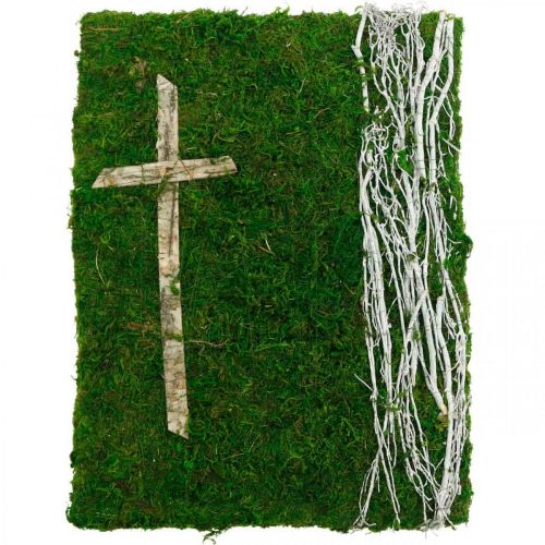 Floristik24 Obraz z mchu i krzyża na grób zielony, biały 40×30cm