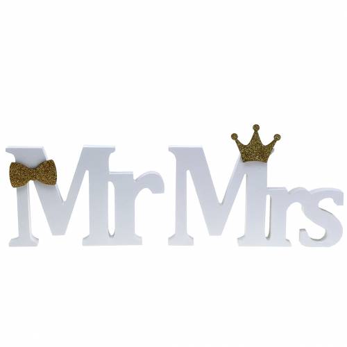 Ozdobne litery Mr &amp; Mrs drewno białe, sortowane złoto H11/13,cm zestaw 4 szt