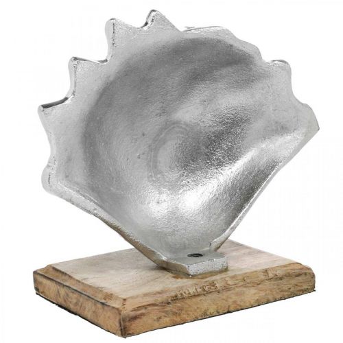 Produkt Powłoka do rozstawienia, morska dekoracja metalowa z drewnianą podstawą srebrna, naturalna 16×19cm