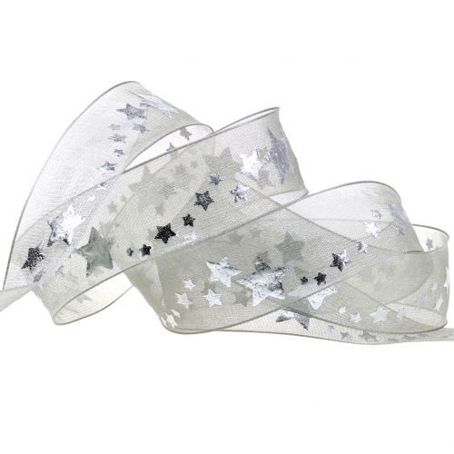 Floristik24 Wstążka dekoracyjna organza z motywem gwiazdy szara 25mm 20m