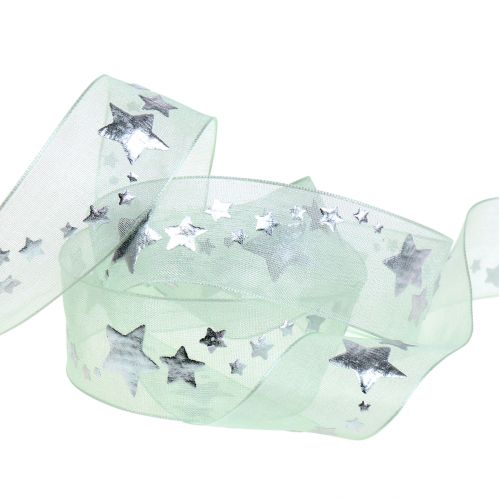 Floristik24 Wstążka dekoracyjna organza z motywem gwiazdek jasnozielona 25mm 20m