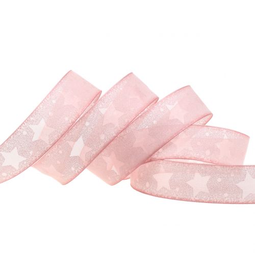 Floristik24 Wstążka organza z motywem gwiazdek różowa 25mm 15m