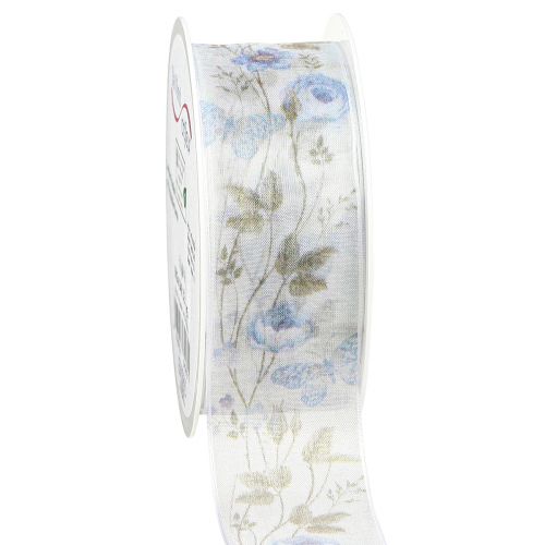 Produkt Wstążka organza kwiaty niebieska ozdobna wstążka z organzy 40mm 15m