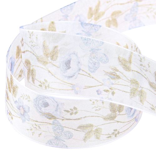 Produkt Wstążka organza kwiaty niebieska ozdobna wstążka z organzy 40mm 15m