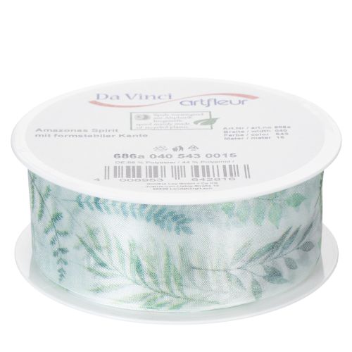 Produkt Wstążka organza, wstążka szyfonowa, gałązki liściaste, zielona, 40 mm, 15 m