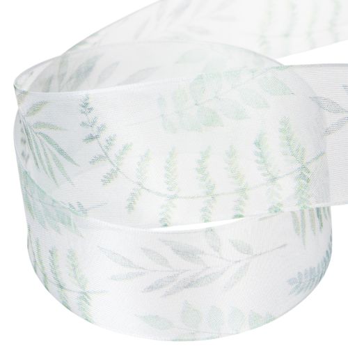 Produkt Wstążka organza, wstążka szyfonowa, gałązki liściaste, zielona, 40 mm, 15 m