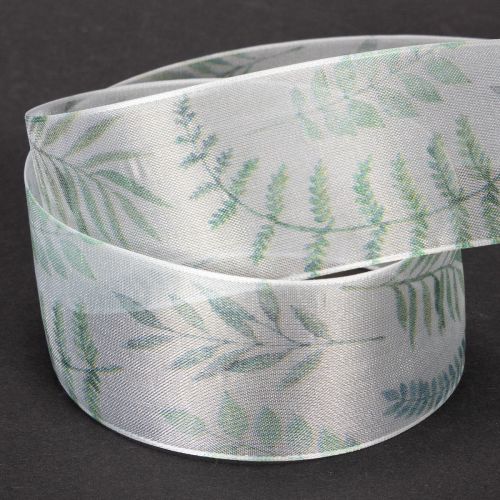 Produkt Wstążka organza, wstążka szyfonowa, gałązki liściaste, zielona, 40 mm, 15 m