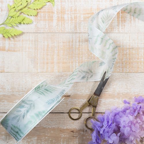 Produkt Wstążka organza, wstążka szyfonowa, gałązki liściaste, zielona, 40 mm, 15 m