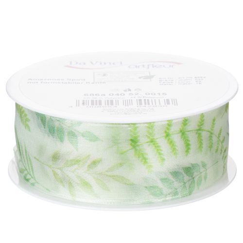 Produkt Wstążka organza, wstążka szyfonowa, zielona z wiciami liściowymi, szerokość 40 mm, długość 15 m