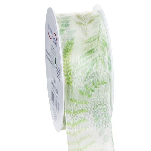 Floristik24 Wstążka organza, wstążka szyfonowa, zielona z wiciami liściowymi, szerokość 40 mm, długość 15 m