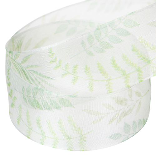 Produkt Wstążka organza, wstążka szyfonowa, zielona z wiciami liściowymi, szerokość 40 mm, długość 15 m