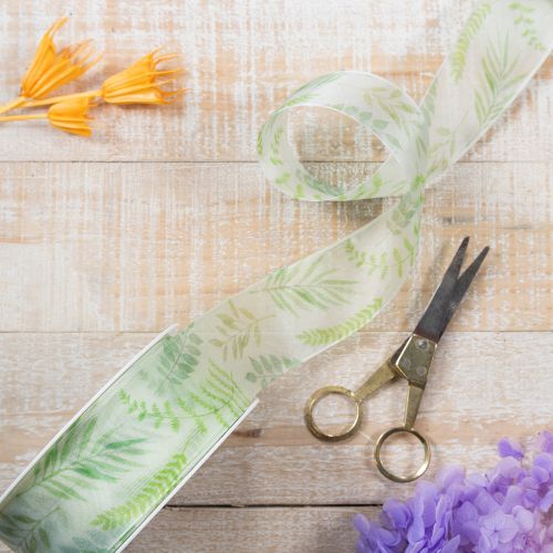 Produkt Wstążka organza, wstążka szyfonowa, zielona z wiciami liściowymi, szerokość 40 mm, długość 15 m