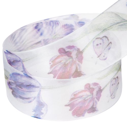 Produkt Wstążka organza, wstążka szyfonowa, tulipany papugi, fioletowa, 40 mm, 18 m