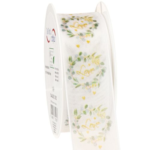 Wstążka organza do dekoracji ślubnych „Love” biała 40mm 15m