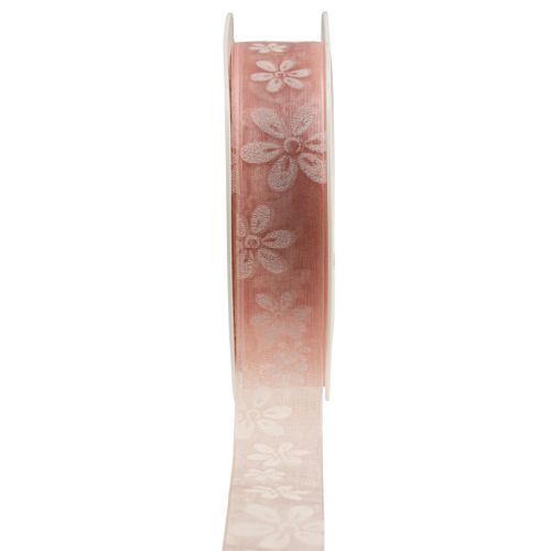 Floristik24 Wstążka prezentowa z organzy kwiaty różowa 25mm 18m