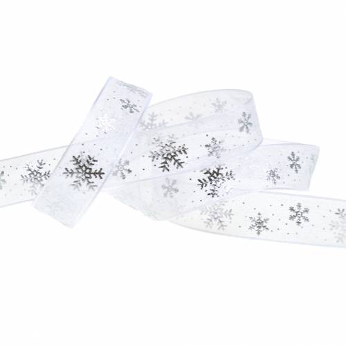 Floristik24 Organza wstążka z płatkiem śniegu biała 15mm 20m