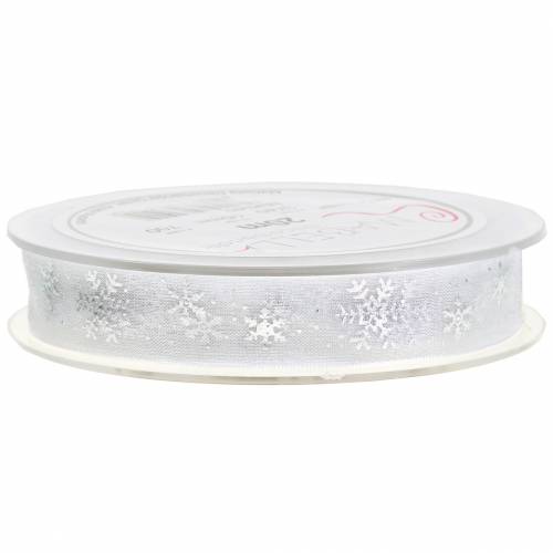 Floristik24 Organza wstążka z płatkiem śniegu biała 15mm 20m