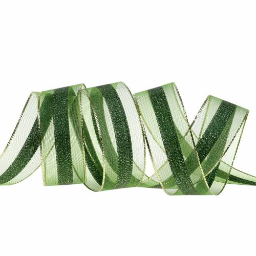 Floristik24 Organza wstążka z paskiem zielona 25mm 20m