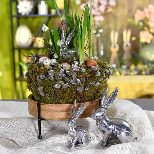Floristik24 Zajączek siedzący srebrny króliczek figurka dekoracja stołu Wielkanoc 16,5 cm
