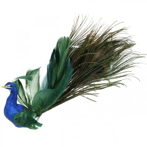 Rajski ptak, paw do zacisku, ptaszek z piór, dekoracja ptaka niebieski, zielony, kolorowy H8,5 L29cm