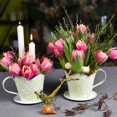 Produkt Sadzarka, ozdobny uchwyt na filtr do kawy, metalowy kubek do sadzenia, dekoracja kwiatowa zielony, biały shabby chic wys. 11 cm Ø11 cm