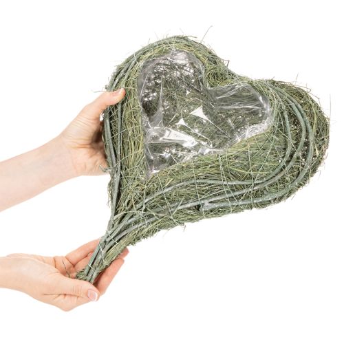 Miska w kształcie serca z naturalnej trawy z folią do sadzenia, 38 cm | Floristik24.pl