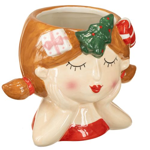 Ceramiczna doniczka dekoracyjna w kształcie dziewczynki z głową rośliny, wysokość 17 cm