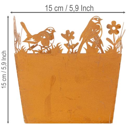 Doniczka metalowa z ptakami, doniczka, sprężyna, wykończenie rdzawe, wys. 15,5 cm | Floristik24.pl