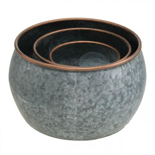 Produkt Doniczka dekoracyjna, miska, naczynie metalowe srebrne, kolor miedziany antyczny H22 / 20,5 / 16,5cm Ø39 / 30,5/25cm zestaw 3 szt.