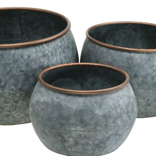 Produkt Doniczka dekoracyjna, miska, naczynie metalowe srebrne, kolor miedziany antyczny H22 / 20,5 / 16,5cm Ø39 / 30,5/25cm zestaw 3 szt.