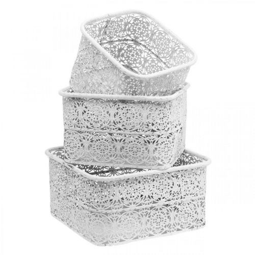 Produkt Metalowe miseczki wzór koronki, kwadratowe ozdobne naczynie, shabby chic, białe 27/23/19cm W13,5cm zestaw 3 szt.