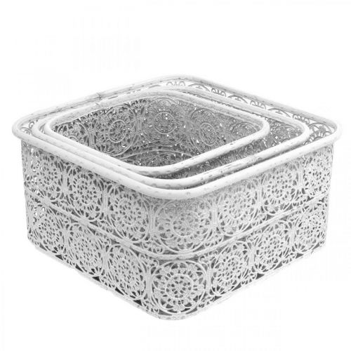 Produkt Metalowe miseczki wzór koronki, kwadratowe ozdobne naczynie, shabby chic, białe 27/23/19cm W13,5cm zestaw 3 szt.