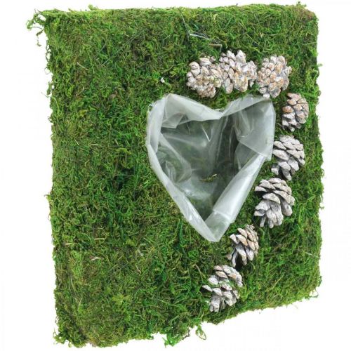 Floristik24 Poduszka roślinna serce mech i szyszki białe prane 25×25cm